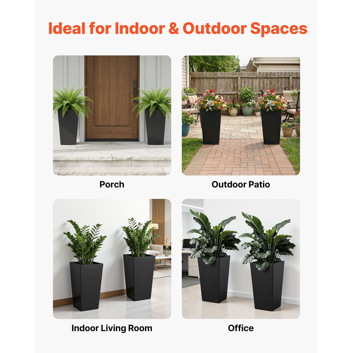Tall Planters Set of 2, 22 Inch Large Outdoor Taper Planters for Outdoor Indoor Plants, Front Porch Plastic Modern Flower Pots with Casters, Inner Pot & Drainage Holes for Patio, Garden, Black