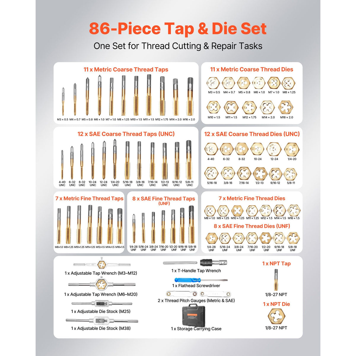 Tap and Die Set, 86-Piece Metric and SAE Sizes M3 to M12, #4 to 5/8", with Coarse and Fine Thread Taps and Dies, Wrench, Carrying Case and Complete Accessories, for Threading and Rethreading
