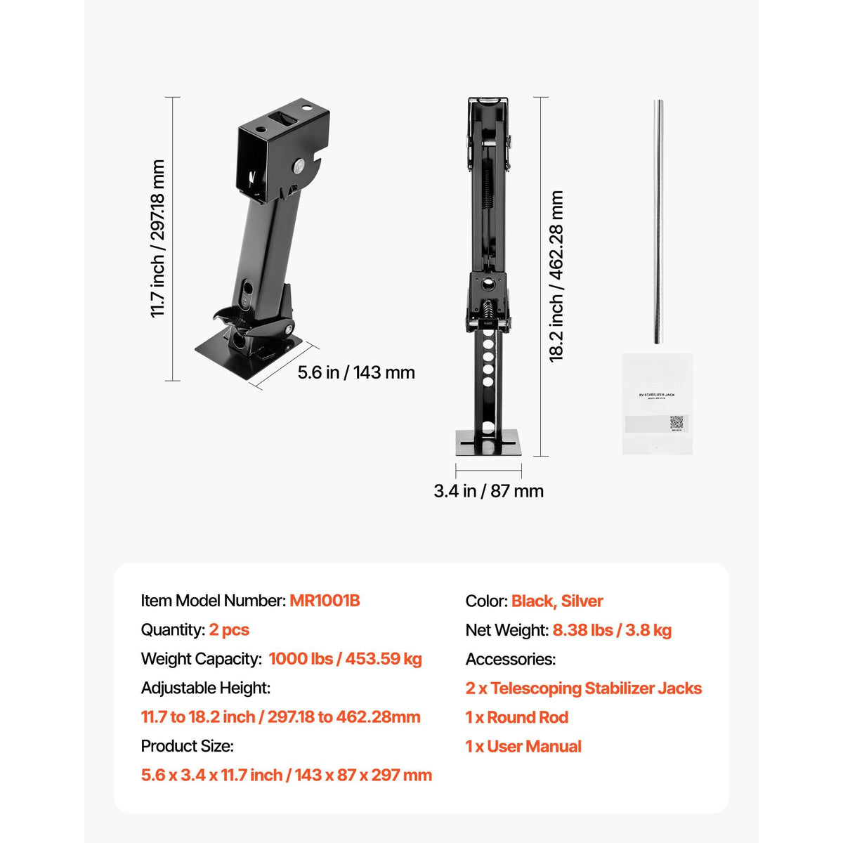 Telescoping Stabilizer Jack, 2PCS Telescoping Folding Trailer Jack, Trailer Swing Down Stabilizer Jack for RV Trailer, Supports 1000lbs Capacity Each, Adjustable from 11.7 inch to 18.2 inch