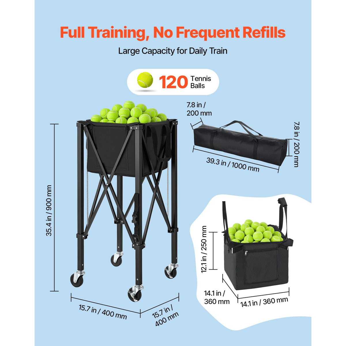 Tennis Ball Hopper, Holds 120 Tennis Balls, Foldable Pickleball Basket Cart with Wheels for Easy Pick Up, Lightweight Aluminum Alloy, Portable Pickleball Caddy with Storage Bag, for Training
