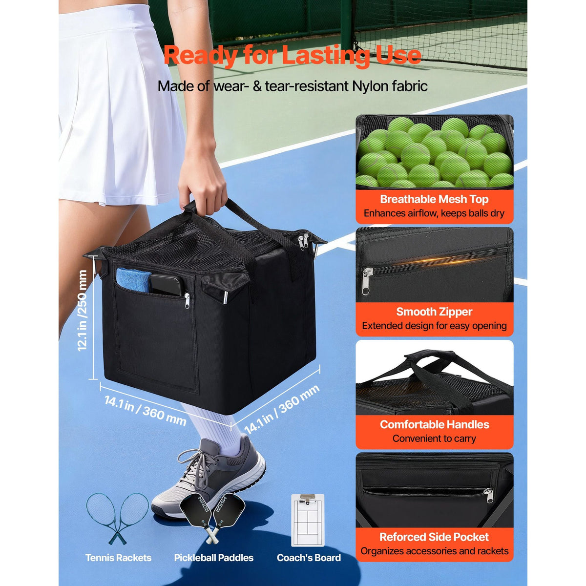 Tennis Ball Hopper, Holds 120 Tennis Balls, Foldable Pickleball Basket Cart with Wheels for Easy Pick Up, Lightweight Aluminum Alloy, Portable Pickleball Caddy with Storage Bag, for Training