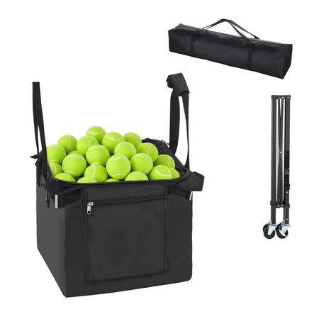 Tennis Ball Hopper, Holds 120 Tennis Balls, Foldable Pickleball Basket Cart with Wheels for Easy Pick Up, Lightweight Aluminum Alloy, Portable Pickleball Caddy with Storage Bag, for Training