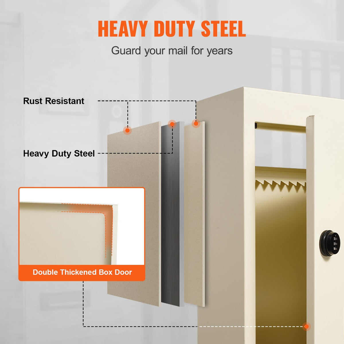 Through The Wall Drop Box, Heavy Duty Steel Through the Wall Mailbox with 2.8-7.9" 13" Combination Lock, 12.5x6.3x16.9" Mail Drop Box, Beige
