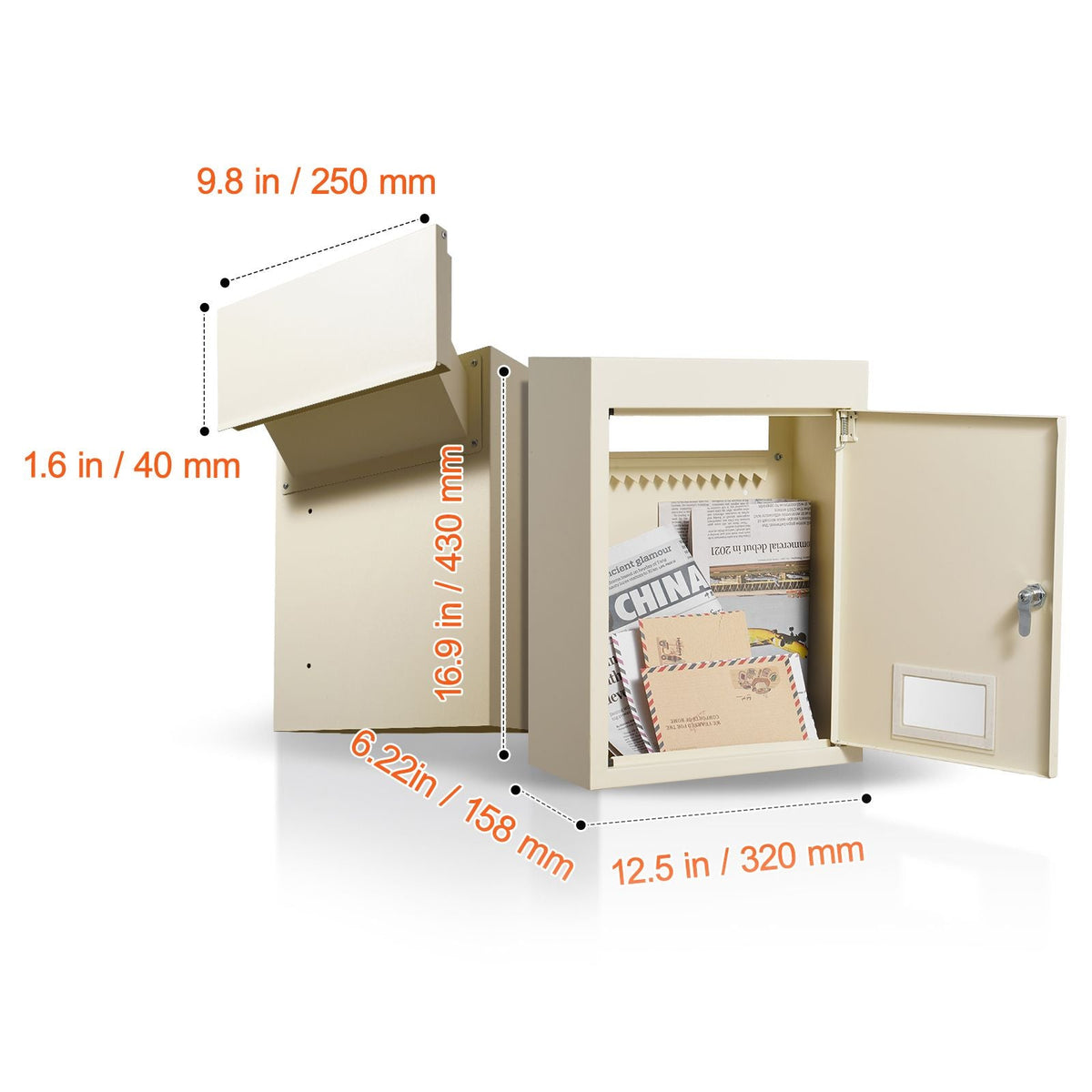 Through The Wall Drop Box, Heavy Duty Steel Through the Wall Mailbox with 2.8-7.9" 13" Combination Lock, 12.5x6.3x16.9" Mail Drop Box, Beige