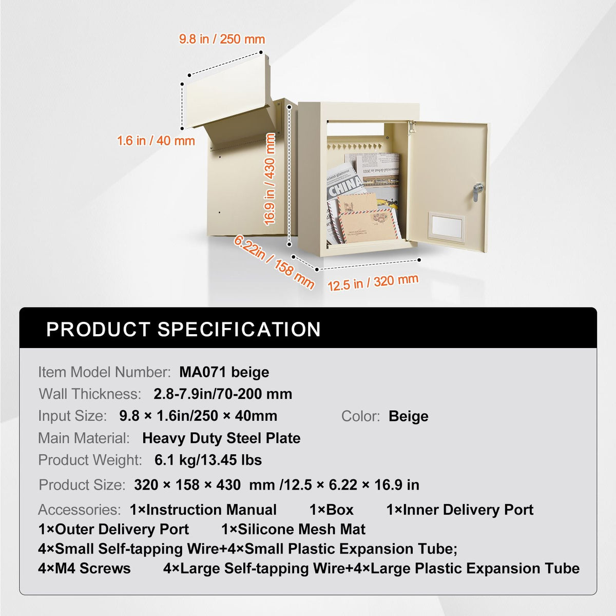 Through The Wall Drop Box, Heavy Duty Steel Through the Wall Mailbox with 2.8-7.9" 13" Combination Lock, 12.5x6.3x16.9" Mail Drop Box, Beige