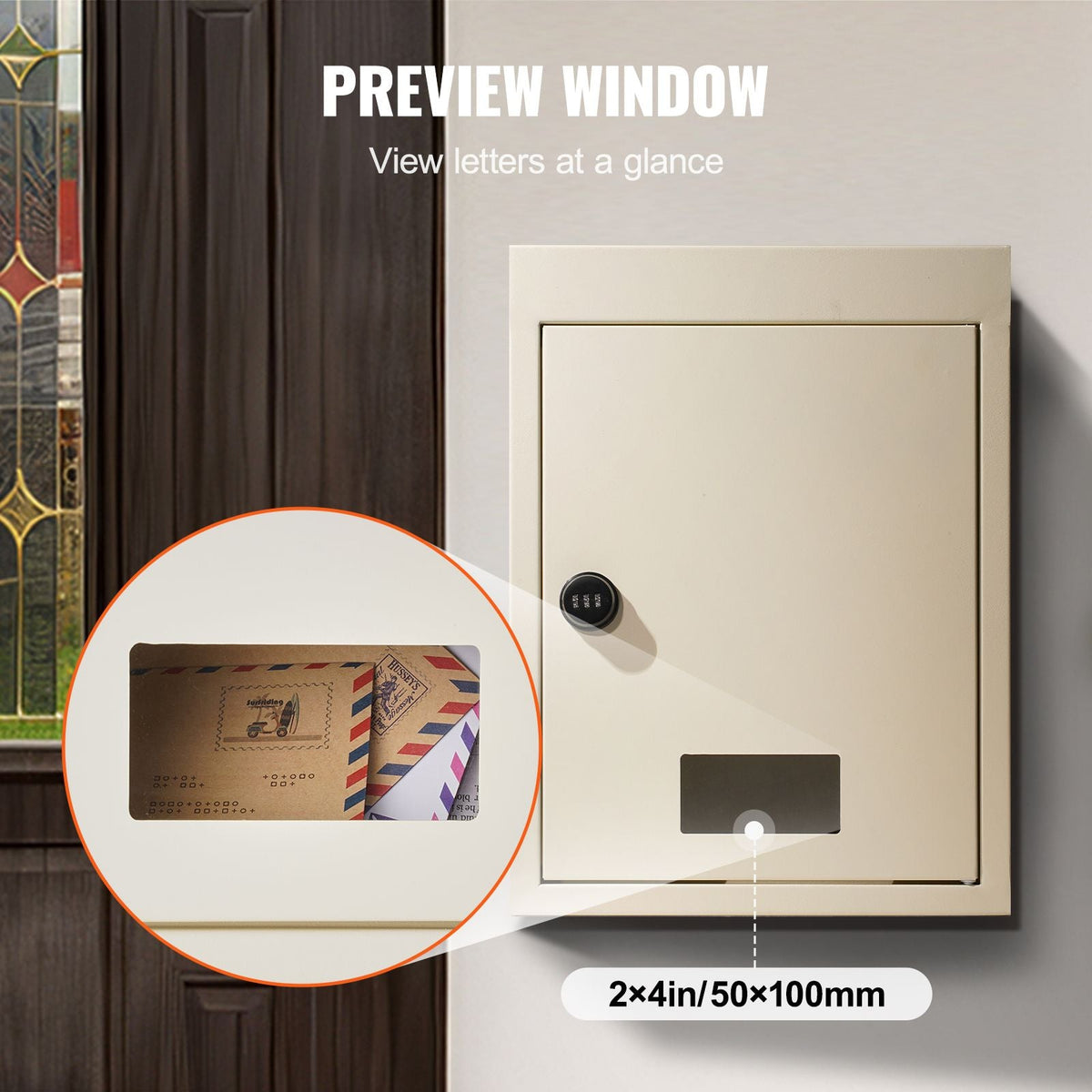 Through The Wall Drop Box, Heavy Duty Steel Through the Wall Mailbox with 2.8-7.9" 13" Combination Lock, 12.5x6.3x16.9" Mail Drop Box, Beige