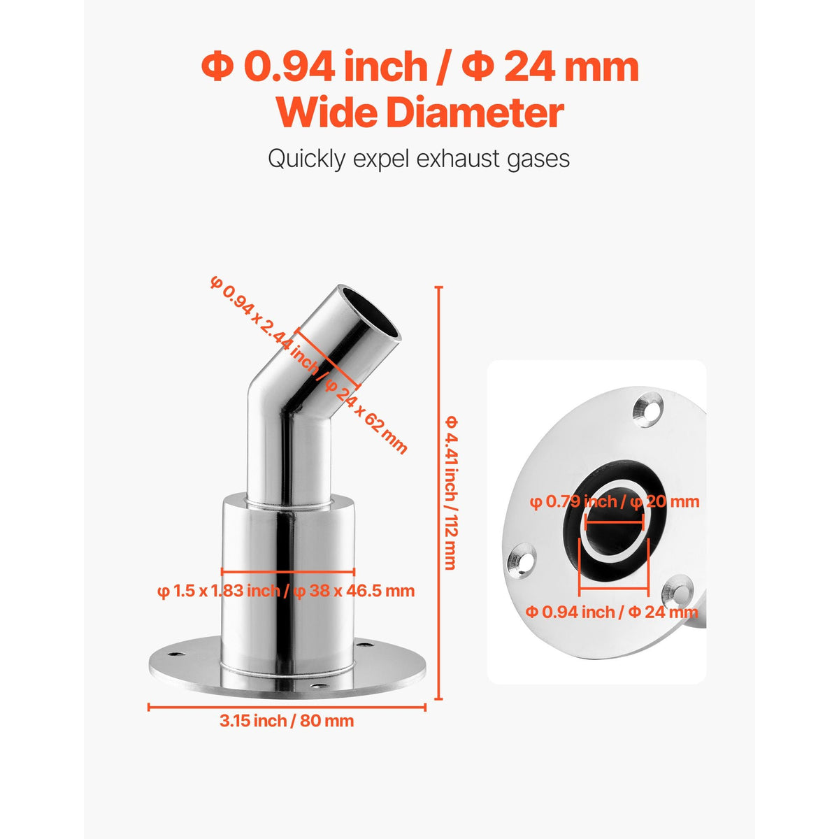 Thru Hull Exhaust Skin Fitting, 0.94 inch Diesel Heater Exhaust Skin Fitting, Elbow Hull Exhausts Pipe Socket Replacement with Screws, Nuts & Gasket for Diesel Heaters, 316 Stainless Steel