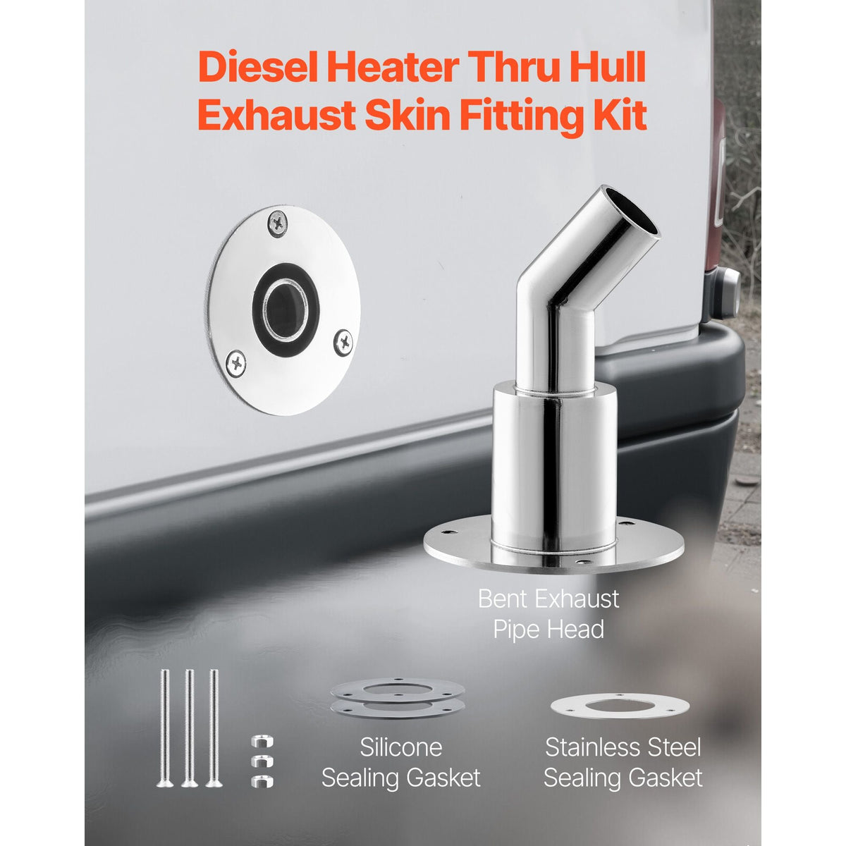 Thru Hull Exhaust Skin Fitting, 0.94 inch Diesel Heater Exhaust Skin Fitting, Elbow Hull Exhausts Pipe Socket Replacement with Screws, Nuts & Gasket for Diesel Heaters, 316 Stainless Steel