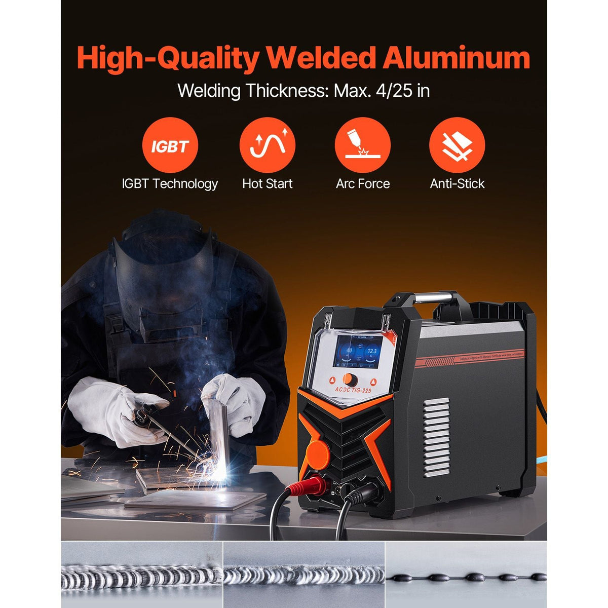 TIG Welder, 225A 6-In-1 Aluminum Welding Machine (Large LED Display)- AC TIG/DC TIG/AC Pulse TIG/DC Pulse TIG/Spot TIG/MMA(Stick), 110&220V Dual Voltage Electric Welder with IGBT Inverter