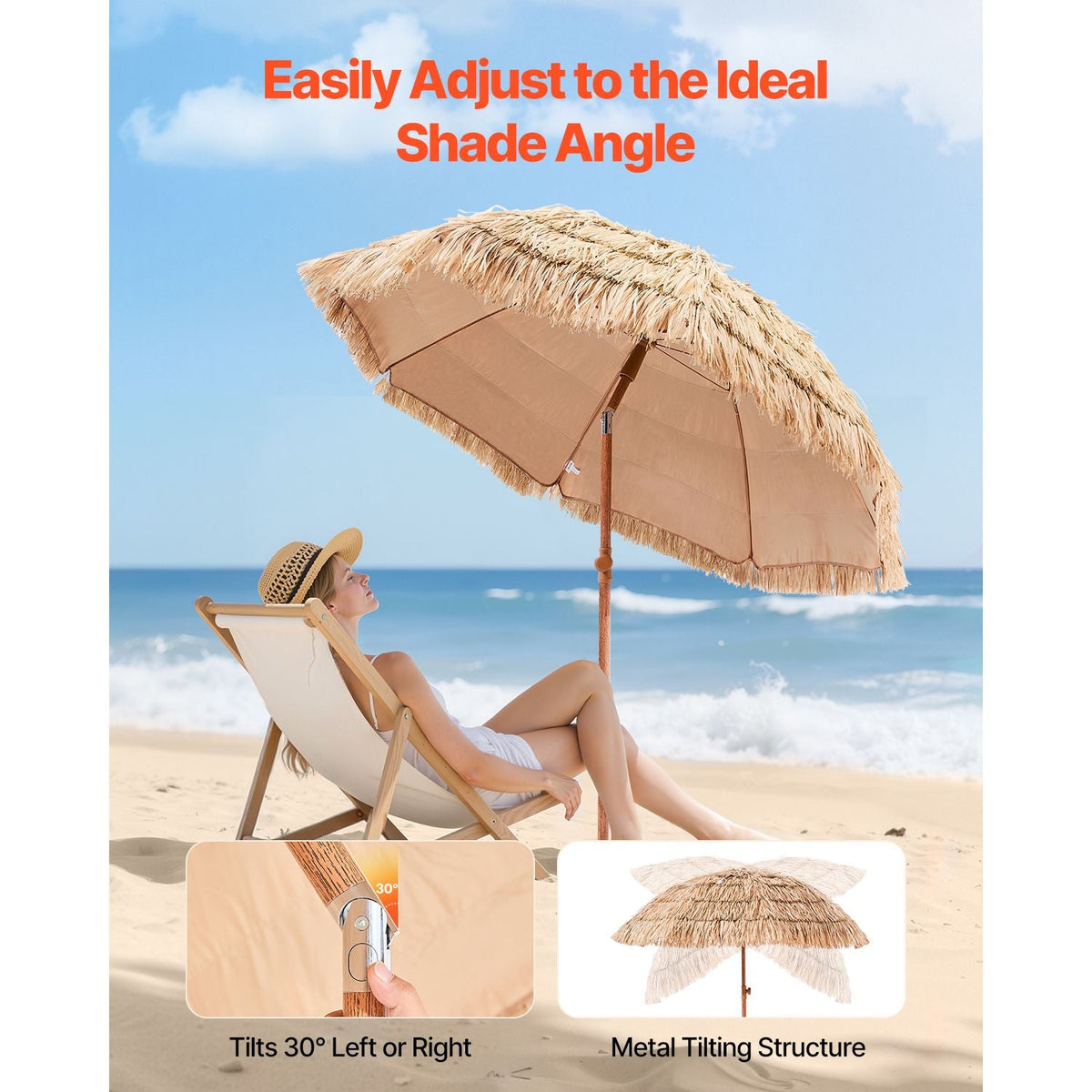 Tiki Umbrella, 6 ft Thatched Patio Umbrella with Tilt, Hawaiian Style Beach Parasol with Durable PP Thatch and 8 Metal Ribs, Grass Pool Umbrellas for Beach, Patio, Poolside, Backyard & Garden