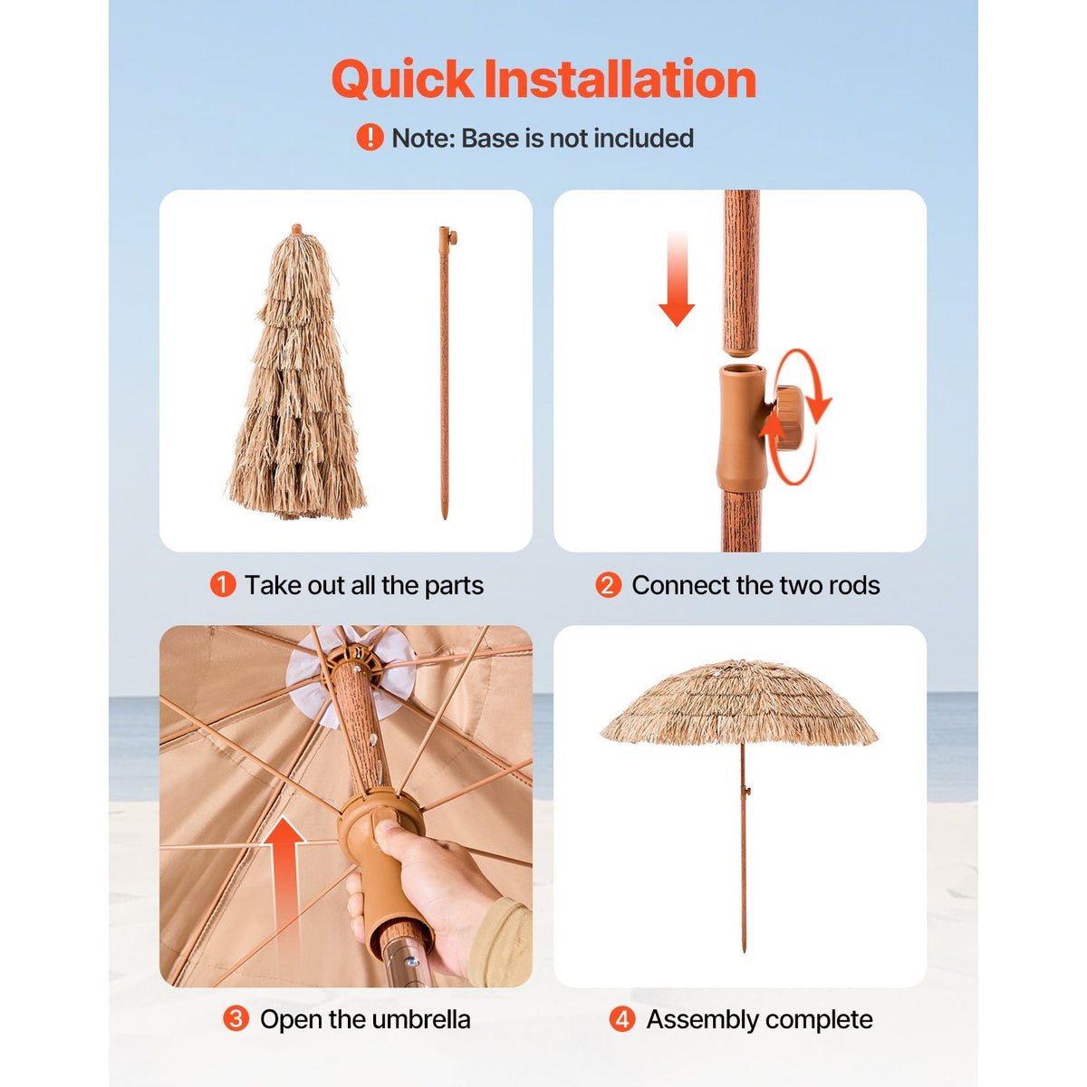 Tiki Umbrella, 6 ft Thatched Patio Umbrella with Tilt, Hawaiian Style Beach Parasol with Durable PP Thatch and 8 Metal Ribs, Grass Pool Umbrellas for Beach, Patio, Poolside, Backyard & Garden
