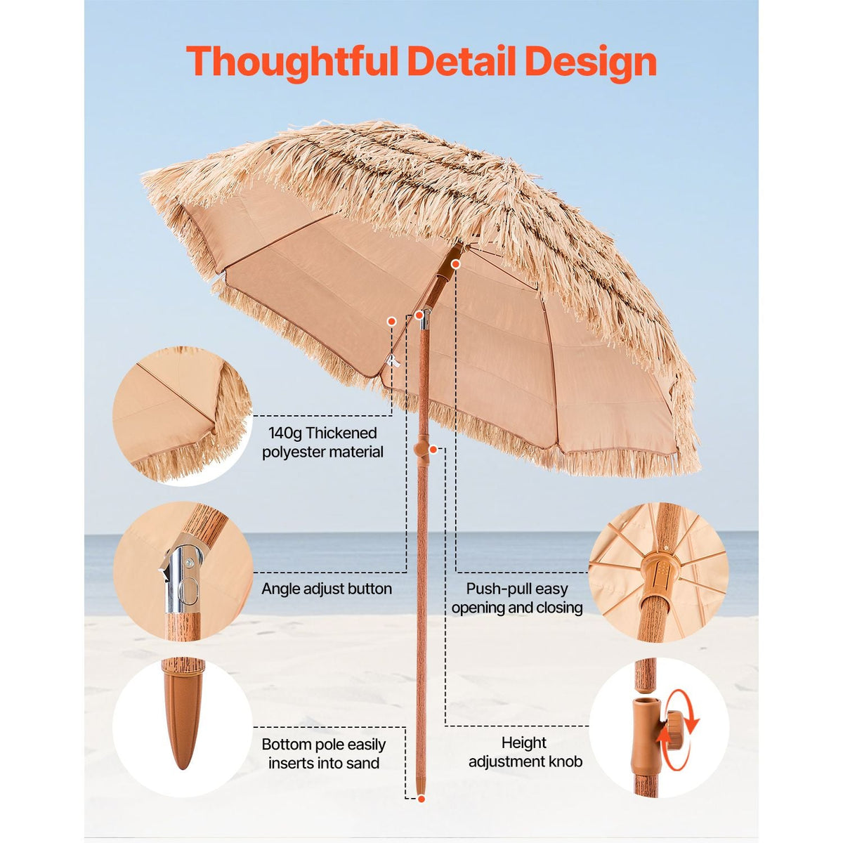 Tiki Umbrella, 6 ft Thatched Patio Umbrella with Tilt, Hawaiian Style Beach Parasol with Durable PP Thatch and 8 Metal Ribs, Grass Pool Umbrellas for Beach, Patio, Poolside, Backyard & Garden