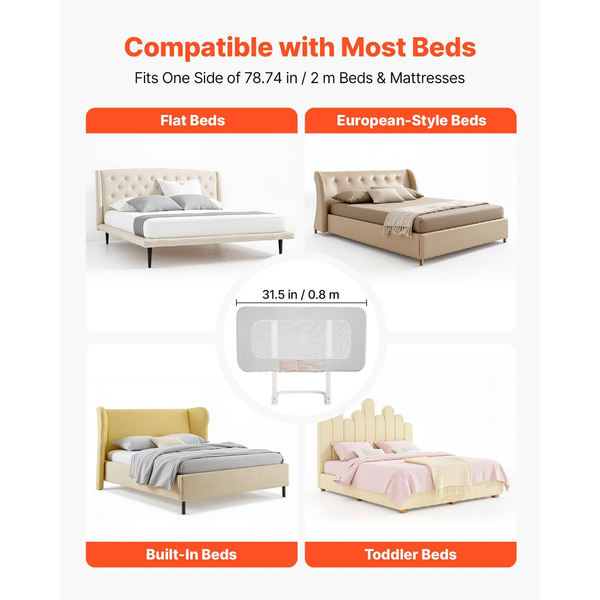 Toddler Bed Rail, Kids Beds Guard Rail with Reinforced Iron Pipe and Oxford Cloth, Adjustable Height Bed Side Railing, Portable Guard Bumper Barrier for Crib, Bunk, 31.5 x 26.38 in, 1 Piece