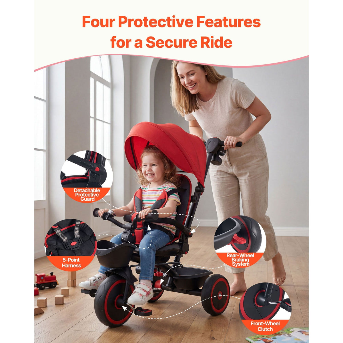 Toddler Tricycle & Stroller for 1-5 Year Old, 6-in-1 Kids Trike with Parent Push Handle, Canopy, Adjustable Seat and Storage, Tricycle for Toddlers, Birthday Toy for Boys and Girls, Red/Black