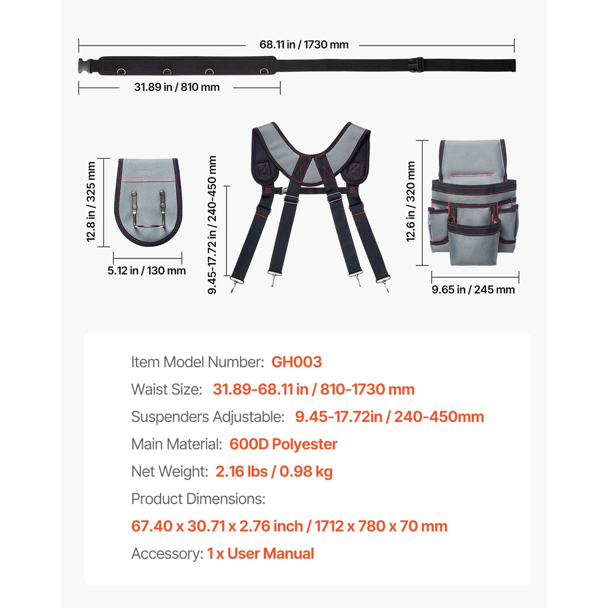 Tool Belt, 22 Pockets Tool Pouch with Suspenders for Men, Heavy Duty Adjustable Utility Belt Bag Suspenders for Electrician, Carpenter, Construction, Work Apron Organizer Waist Adjust 32 to 68in