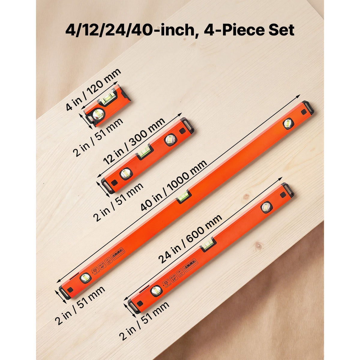 Torpedo Level, 4-Piece Included 4/12/24/40 in, Magnetic Leveler Tool Set Aluminum Alloy, with Clear 3 Green Vials, Hanging Hole, Box Beam Multi-angle Measurement for Construction Home Renovation