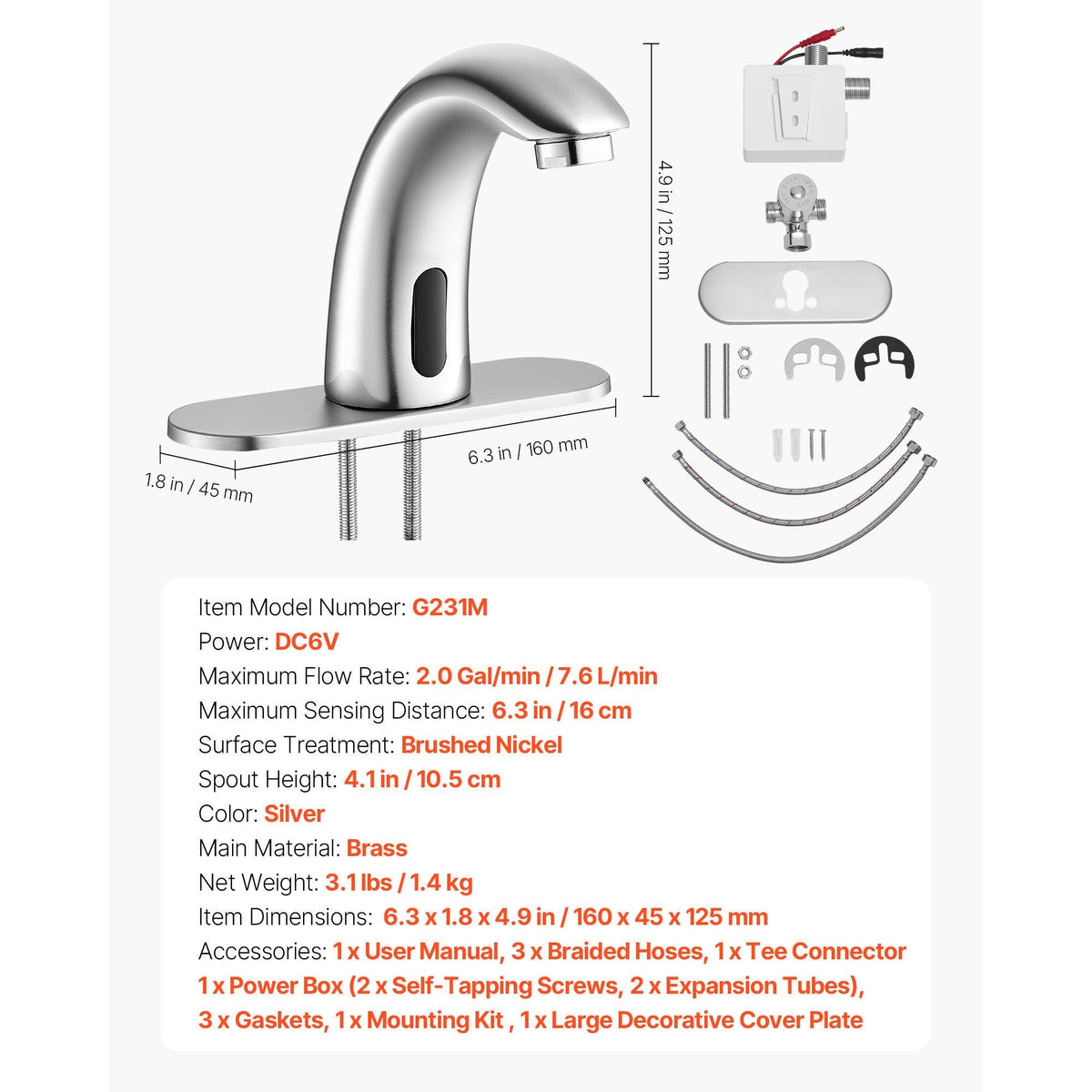 Touchless Bathroom Sink Faucet, Automatic Motion Sensor Restroom Toilet Faucet with Hole Cover Plate, Battery Operated,Adjustable Temp for 9/16 in Pipe Commercial Lavatory,Brushed Nickel Silver