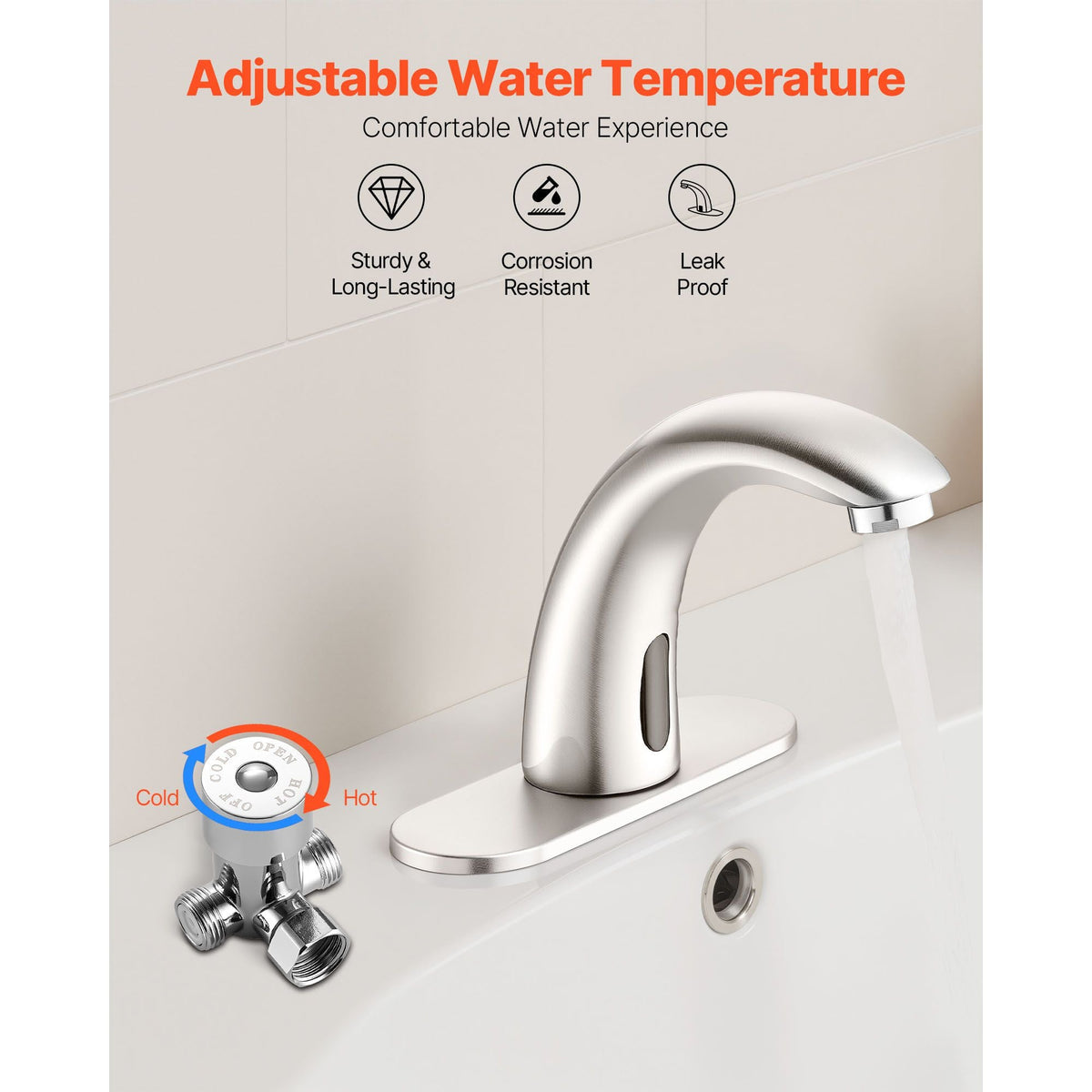 Touchless Bathroom Sink Faucet, Automatic Motion Sensor Restroom Toilet Faucet with Hole Cover Plate, Battery Operated,Adjustable Temp for 9/16 in Pipe Commercial Lavatory,Brushed Nickel Silver