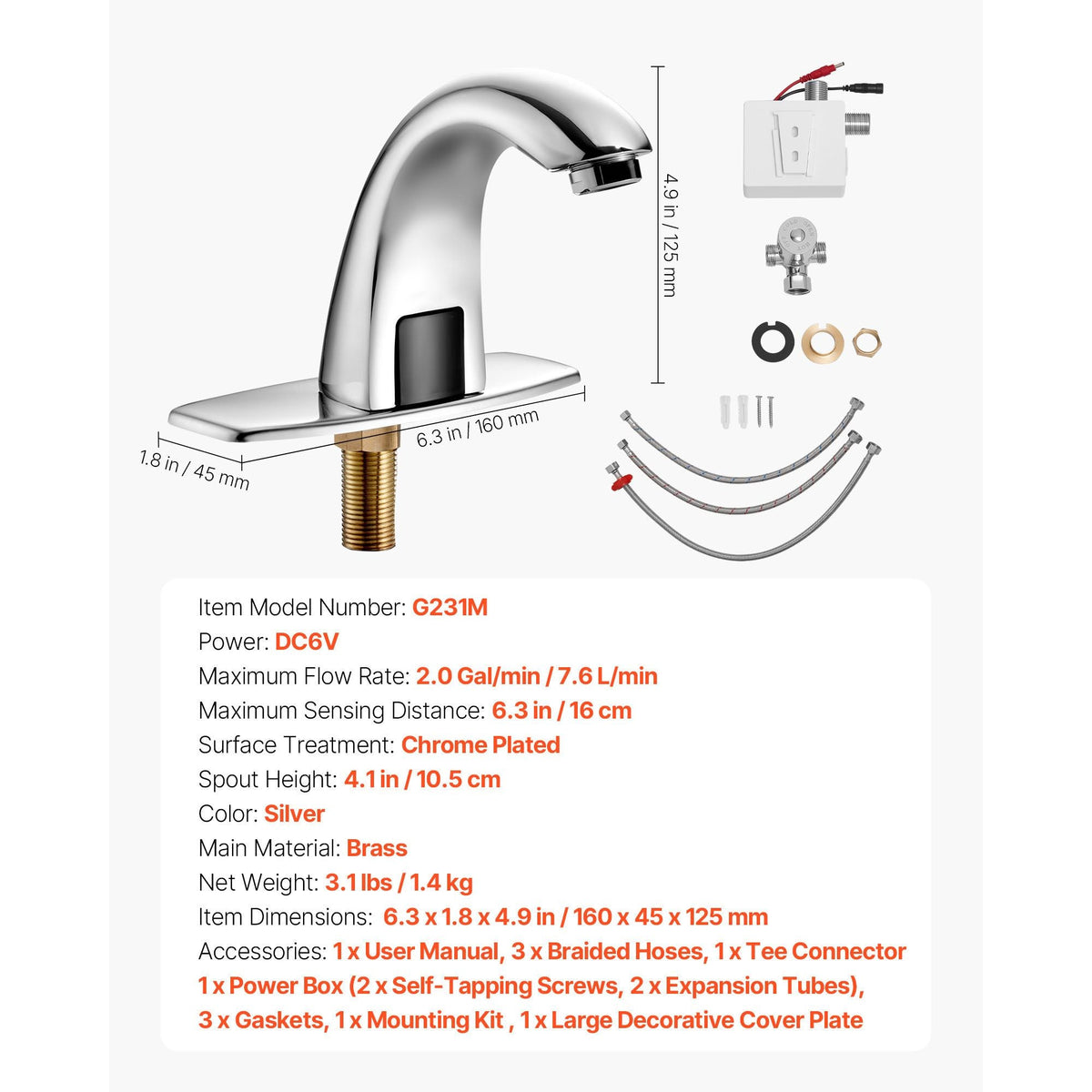 Touchless Bathroom Sink Faucet, Automatic Motion Sensor Restroom Toilet Faucet with Hole Cover Plate, Battery Operated,Adjustable Temp for 9/16 in Pipe Commercial Lavatory,Chrome Plated Silver