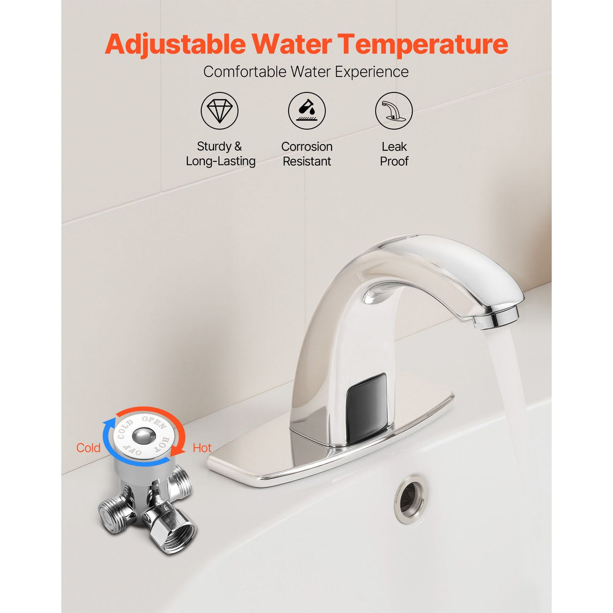 Touchless Bathroom Sink Faucet, Automatic Motion Sensor Restroom Toilet Faucet with Hole Cover Plate, Battery Operated,Adjustable Temp for 9/16 in Pipe Commercial Lavatory,Chrome Plated Silver