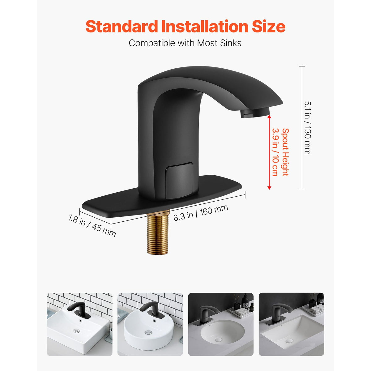 Touchless Bathroom Sink Faucet, Automatic Motion Sensor Restroom Toilet Faucet with Hole Cover Plate, Battery Operated,Adjustable Temperature for 9/16 in Pipe Commercial Lavatory,Matte Black