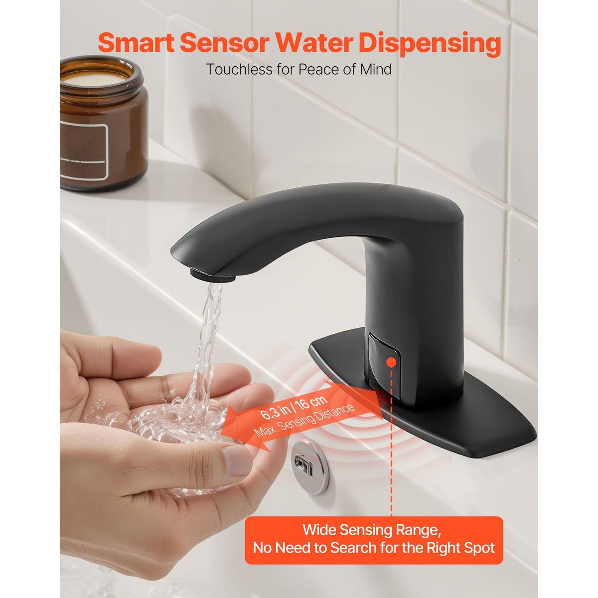 Touchless Bathroom Sink Faucet, Automatic Motion Sensor Restroom Toilet Faucet with Hole Cover Plate, Battery Operated,Adjustable Temperature for 9/16 in Pipe Commercial Lavatory,Matte Black