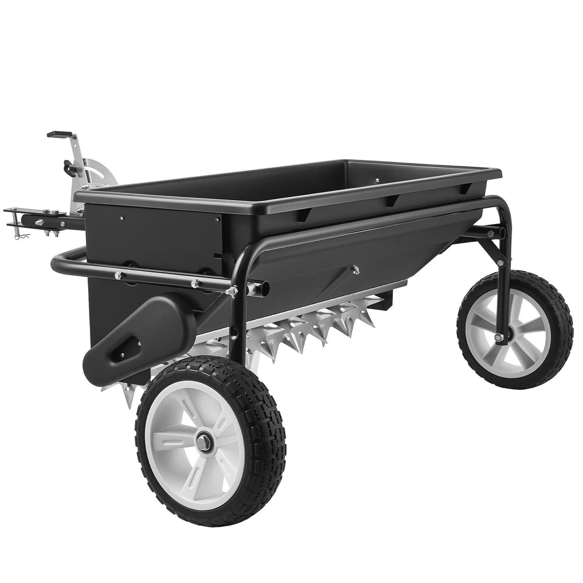Tow Behind Lawn Spreader with Aeration Spikes, 32 in Spreading Width, Broadcast Spreader with Universal Hitch, Garden Seeder & Soil Aerator with 100lbs Capacity & 10 in Tires for ATVs UTVs