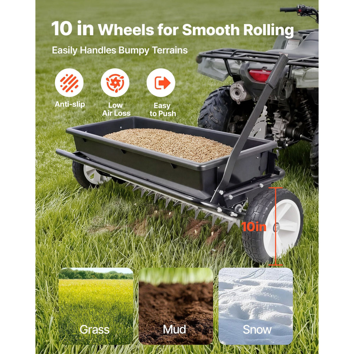 Tow Behind Lawn Spreader with Aeration Spikes, 32 in Spreading Width, Broadcast Spreader with Universal Hitch, Garden Seeder & Soil Aerator with 100lbs Capacity & 10 in Tires for ATVs UTVs
