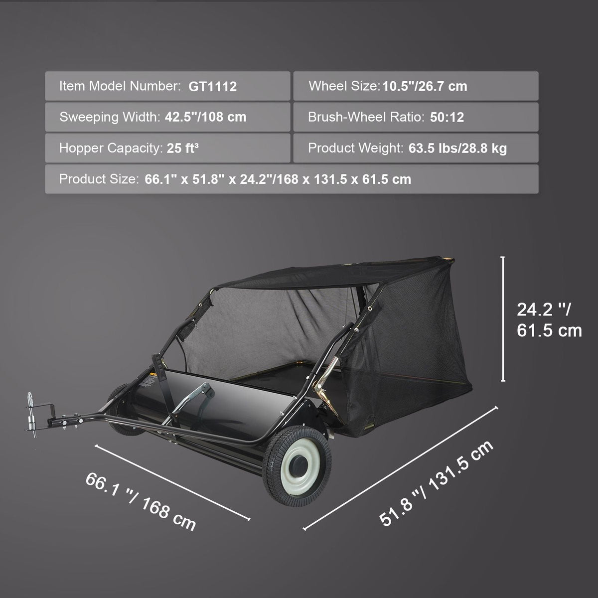 Tow Behind Lawn Sweeper 44 inch, 25 cu. ft Large Capacity Heavy Duty Leaf & Grass Collector with Adjustable Sweeping Height, Dumping Rope Design for Picking Up Debris and Grass