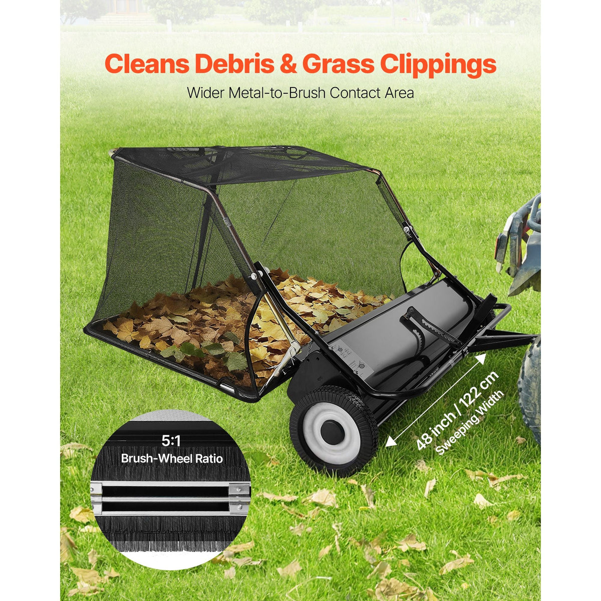 Tow Behind Lawn Sweeper, 48 in Pull Behind Yard Sweeper, 26 cu. ft Hopper Bag Capacity, Leaf & Grass Collector with Dumping Rope, Adjustable Sweeping Height, Garden Sweepers for Lawn Farm