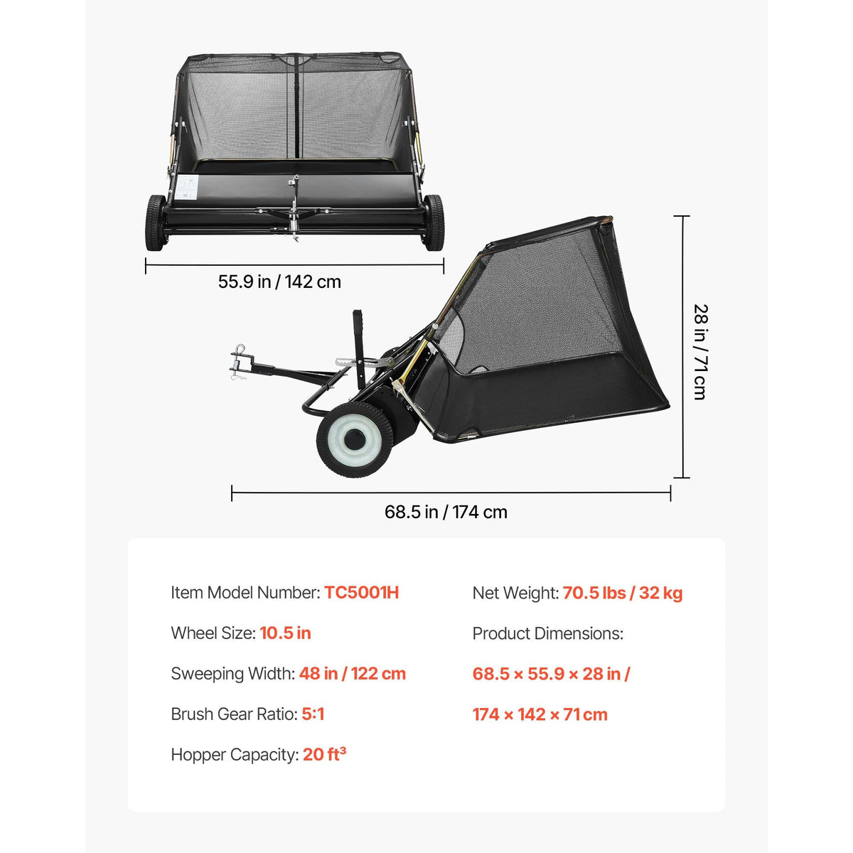 Tow Behind Lawn Sweeper, 48 in Pull Behind Yard Sweeper, 26 cu. ft Hopper Bag Capacity, Leaf & Grass Collector with Dumping Rope, Adjustable Sweeping Height, Garden Sweepers for Lawn Farm