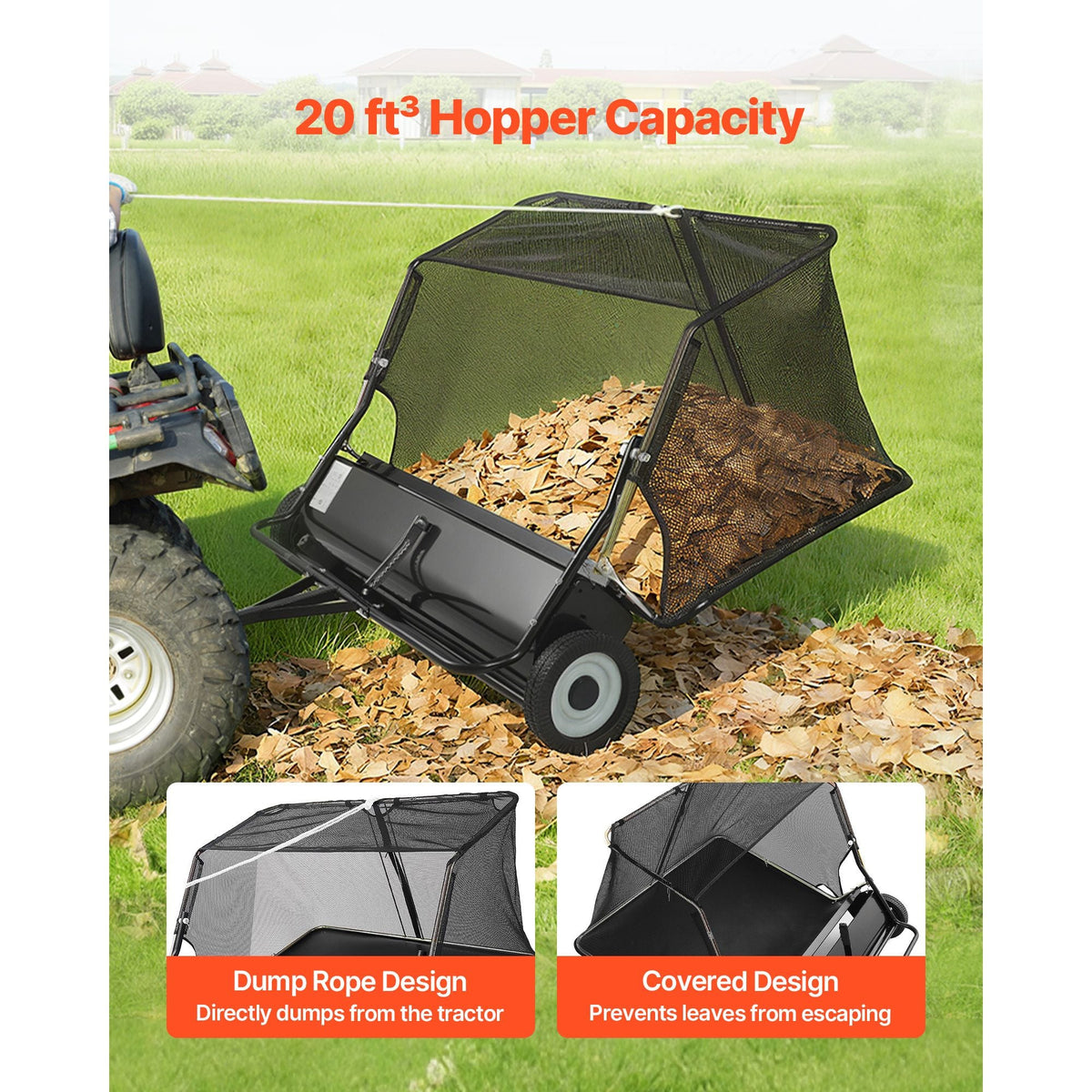 Tow Behind Lawn Sweeper, 48 in Pull Behind Yard Sweeper, 26 cu. ft Hopper Bag Capacity, Leaf & Grass Collector with Dumping Rope, Adjustable Sweeping Height, Garden Sweepers for Lawn Farm