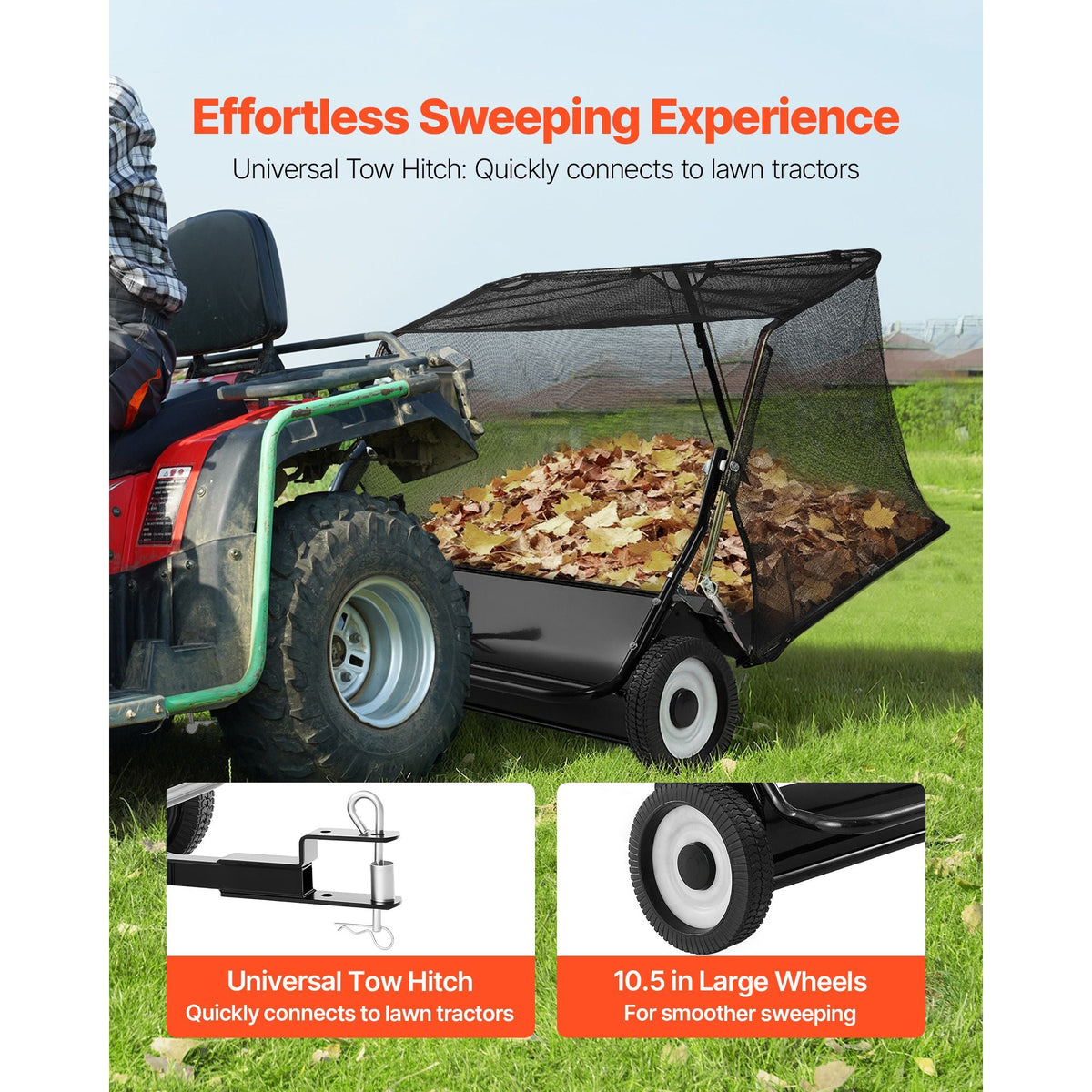Tow Behind Lawn Sweeper, 48 in Pull Behind Yard Sweeper, 26 cu. ft Hopper Bag Capacity, Leaf & Grass Collector with Dumping Rope, Adjustable Sweeping Height, Garden Sweepers for Lawn Farm