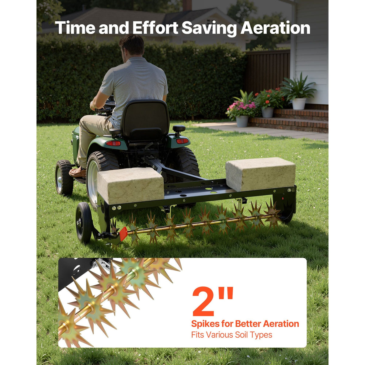 Tow Behind Plug Aerator, 40 in Lawn Spike Aerator with Universal Hitch, 150lbs Weight Capacity, Heavy Duty & Rust-Resistant, Pull Behind Aeration Tool with Tray for Farmland & Garden Tractors