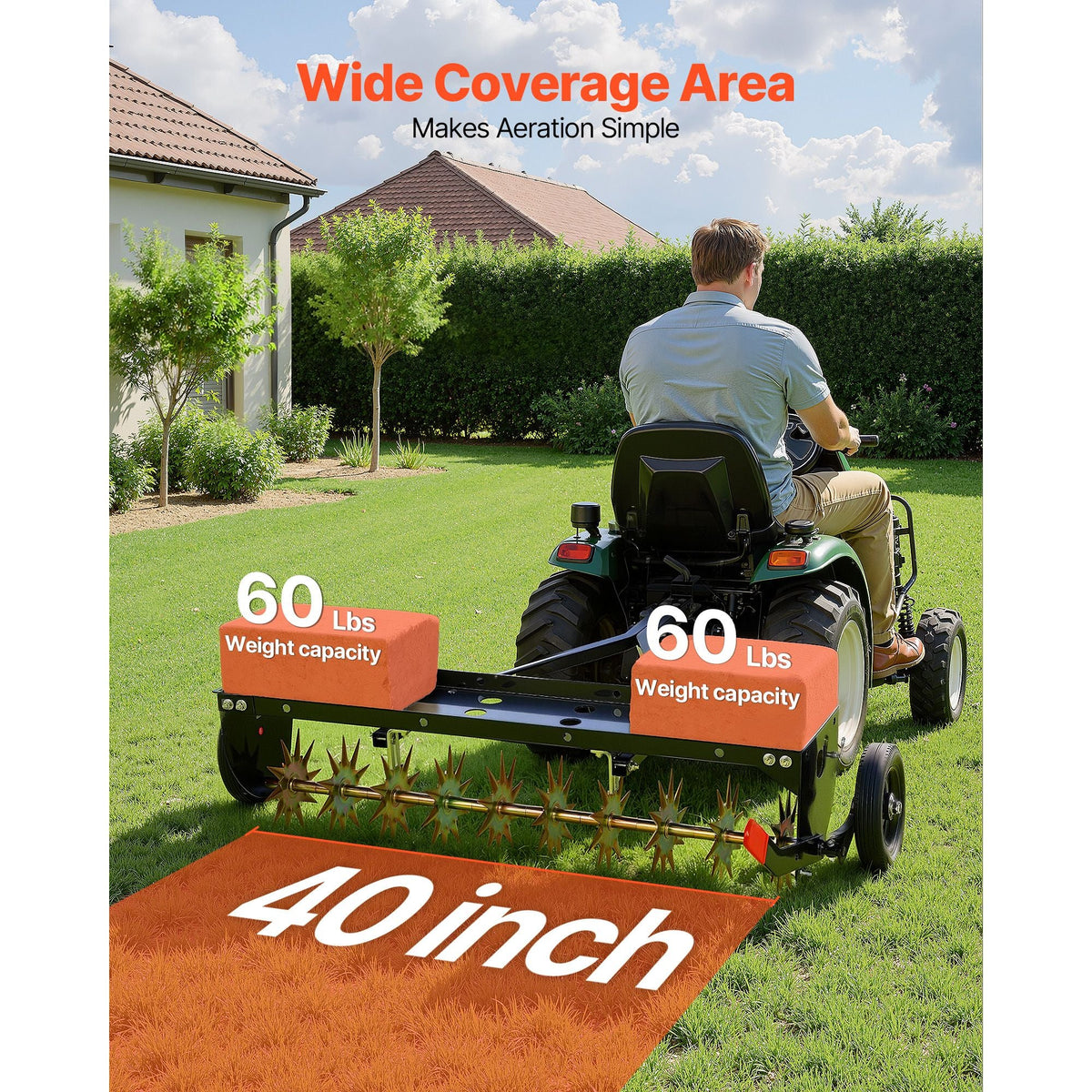 Tow Behind Plug Aerator, 40 in Lawn Spike Aerator with Universal Hitch, 150lbs Weight Capacity, Heavy Duty & Rust-Resistant, Pull Behind Aeration Tool with Tray for Farmland & Garden Tractors