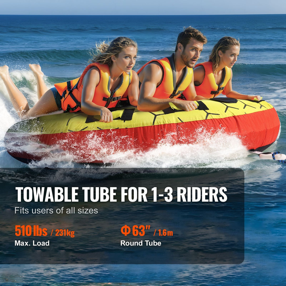 Towable Tube for Boating, 1-3 Riders Inflatable Boat Tubes and Towables, 510 lbs, 63" Round Water Sport Towable Tubes for Boats to Pull, Full Nylon Cover, EVA Grab Handles and Speed Safety Valve