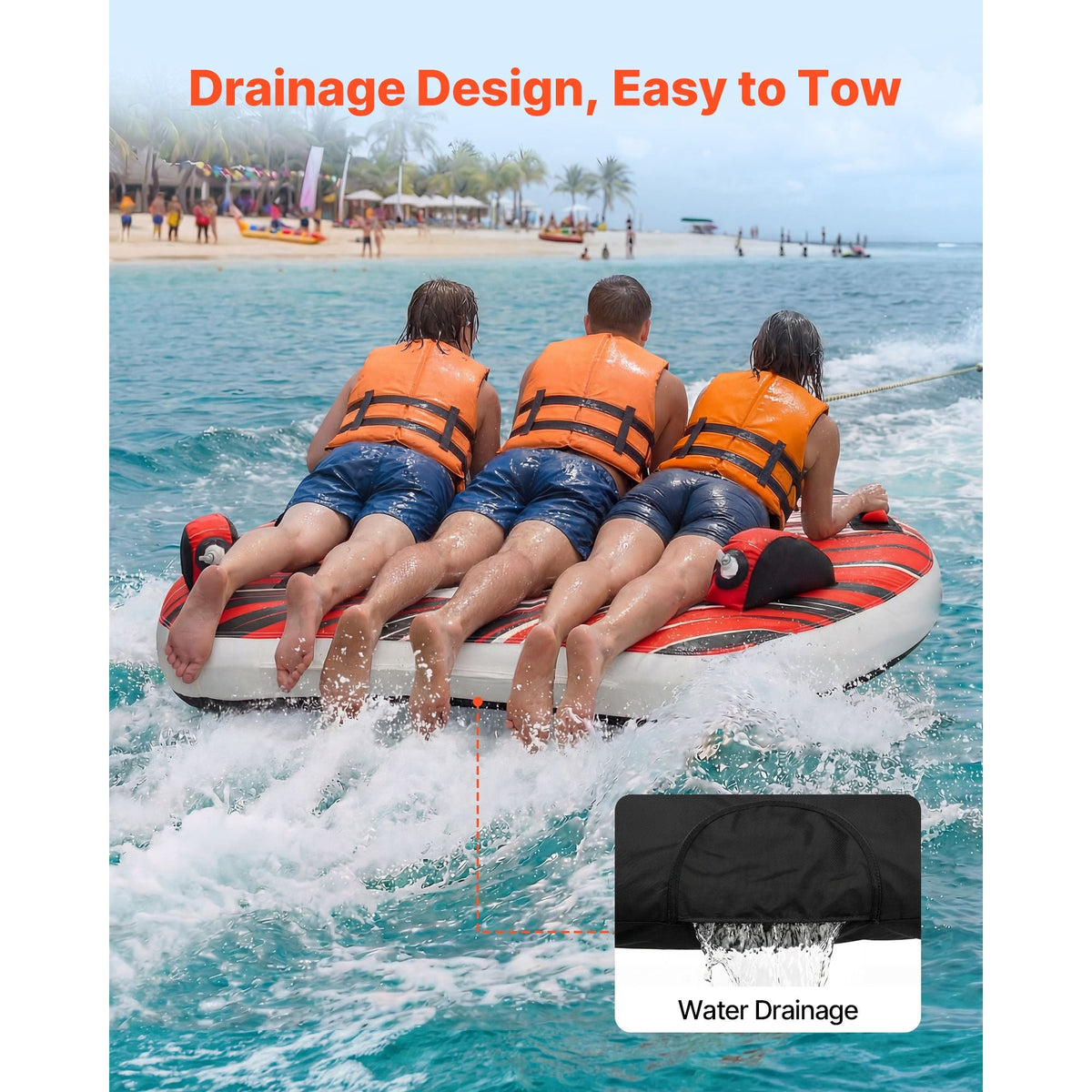 Towable Tube for Boating, 3 Riders Inflatable Boat Tubes and Towables, 510 lbs Capacity Water Sport Towable Tube for Boat to Pull - with Fins, Full Nylon Cover, Padded Handles & Safety Valve