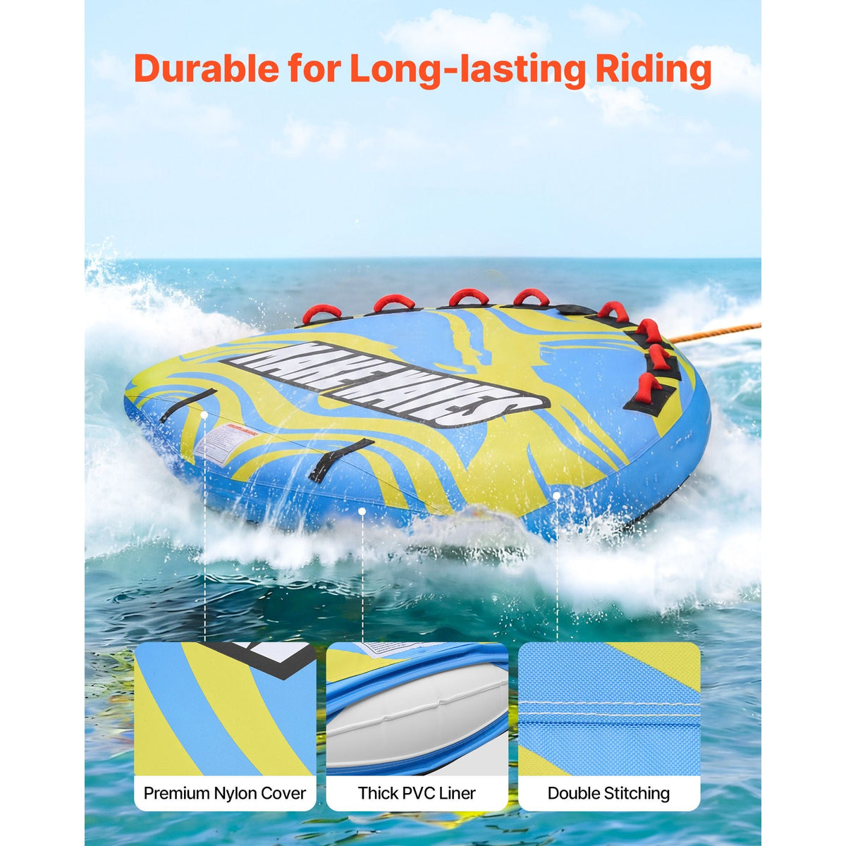 Towable Tube for Boating, 4 Riders Inflatable Boat Tubes and Towables, 680 lbs Capacity Water Sport Towable Tube for Boat to Pull - with Fins, Full Nylon Cover, Padded Handles & Safety Valve