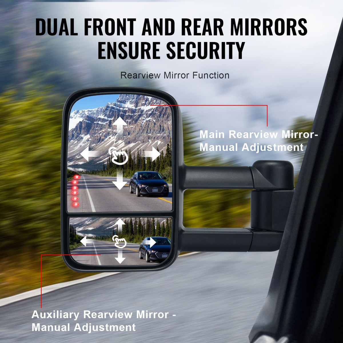 Towing Mirrors, Left & Right Pair Set for Chevrolet Silverado (1988-1998)/GMC, Tow Mirror with Plane and Convex Glass, Manual Controlling Telescoping Folding, and Four-Way Adjustment, Black