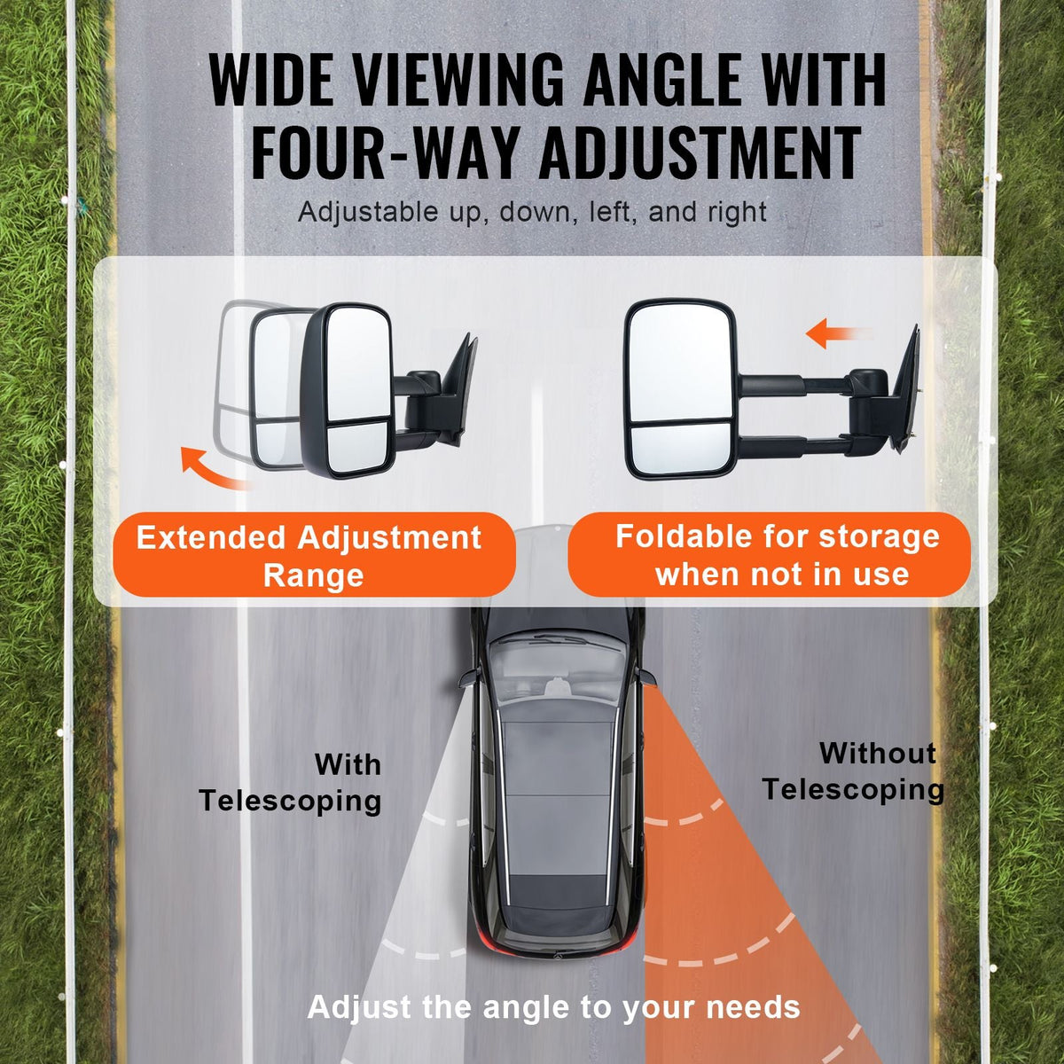 Towing Mirrors, Left & Right Pair Set for Chevrolet Silverado (1999-2007)/GMC/Cadillac, Tow Mirror with Plane & Convex Glass, Manual Controlling Telescoping Folding, Four-Way Adjustable, Black
