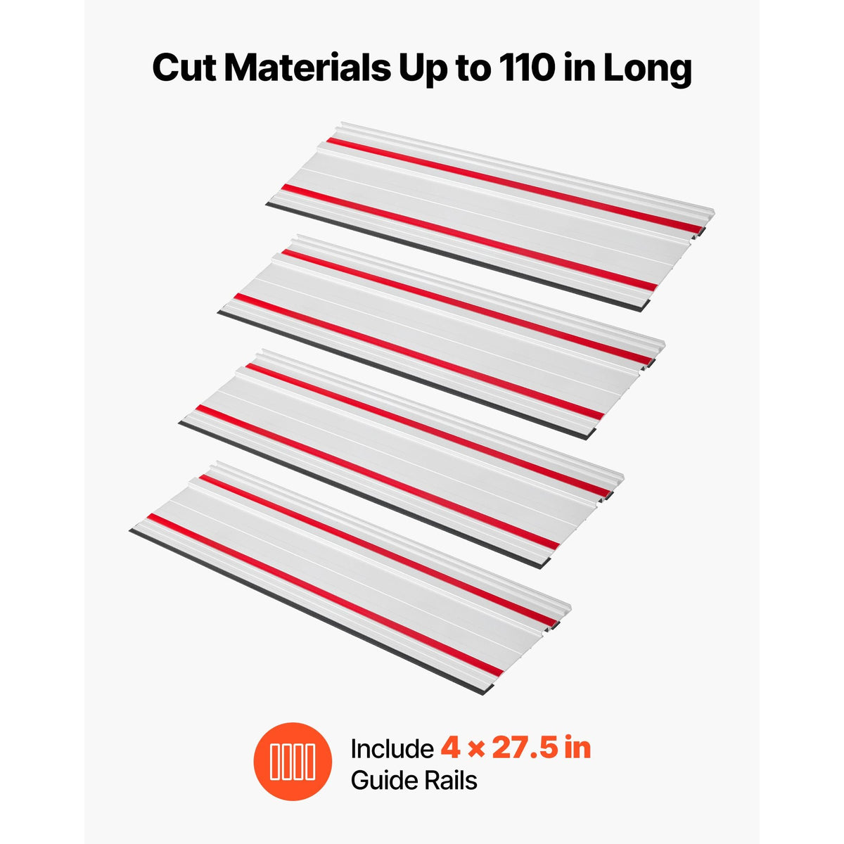 Track Saw Guide Rail, 110-Inch Cutting Range, Kit Includes 4 x 27.5 in Aluminum Extruded Guide Rails and 3 Connectors, Compatible with Makita, Festool & WEN Track Saws, for Woodworking Projects