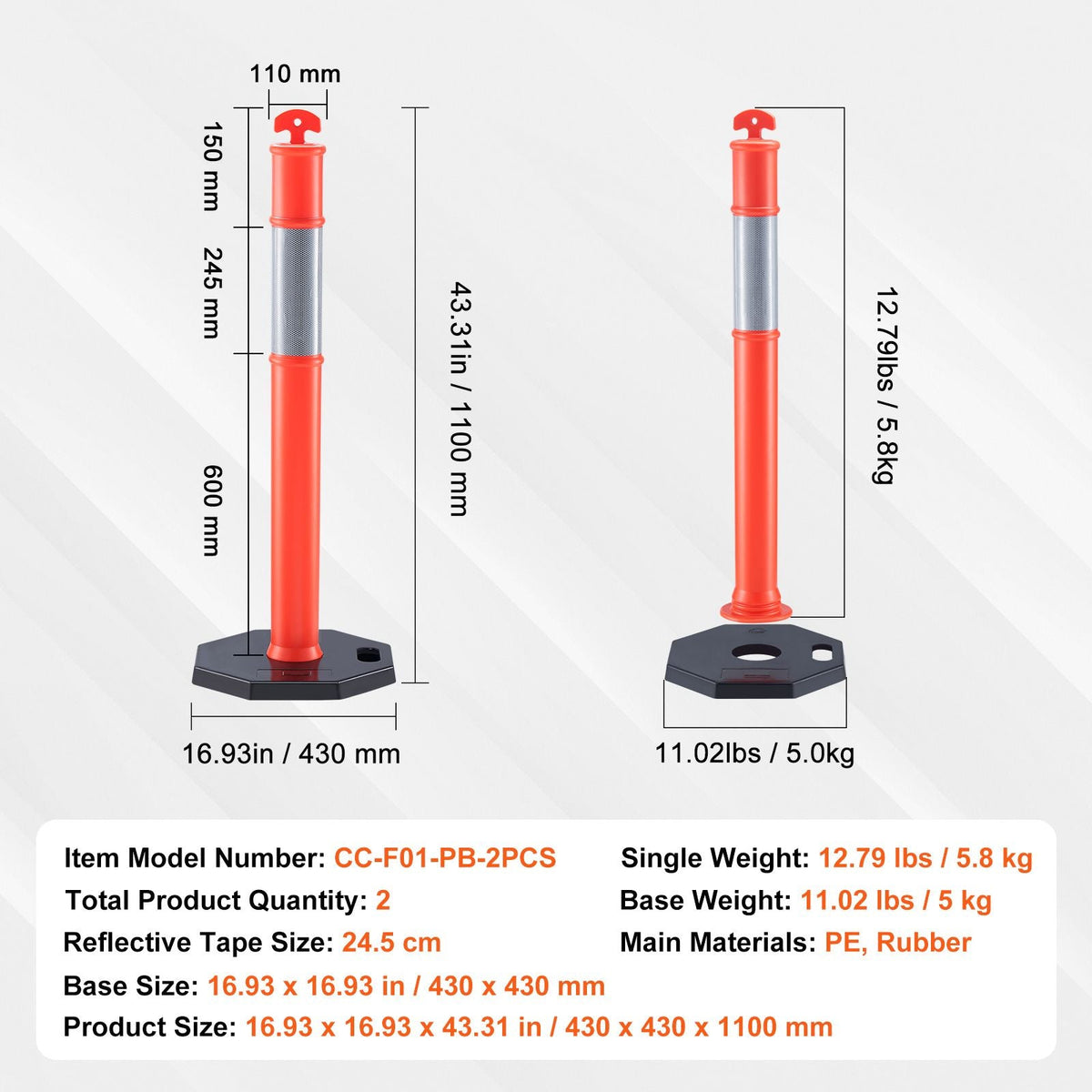Traffic Delineator Post Cones, 2 Pack, Traffic Safety Delineator Barrier with 16.93 x 16.93 in Rubber Base, for Traffic Control Warning Outdoor Indoor Use Parking Lot Construction Caution Roads