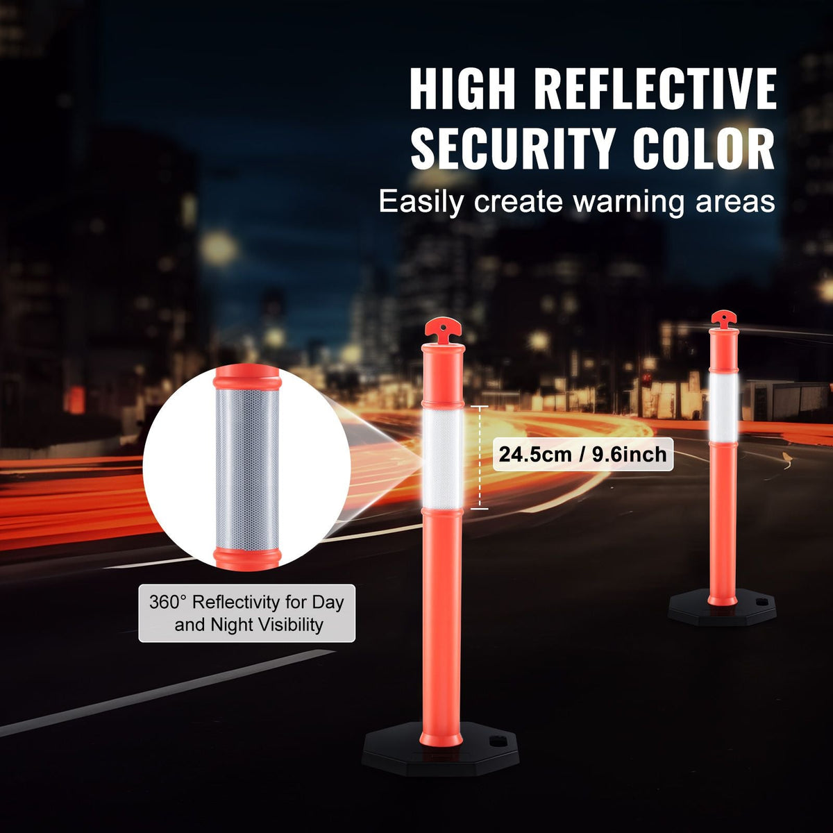 Traffic Delineator Post Cones, 2 Pack, Traffic Safety Delineator Barrier with 16.93 x 16.93 in Rubber Base, for Traffic Control Warning Outdoor Indoor Use Parking Lot Construction Caution Roads