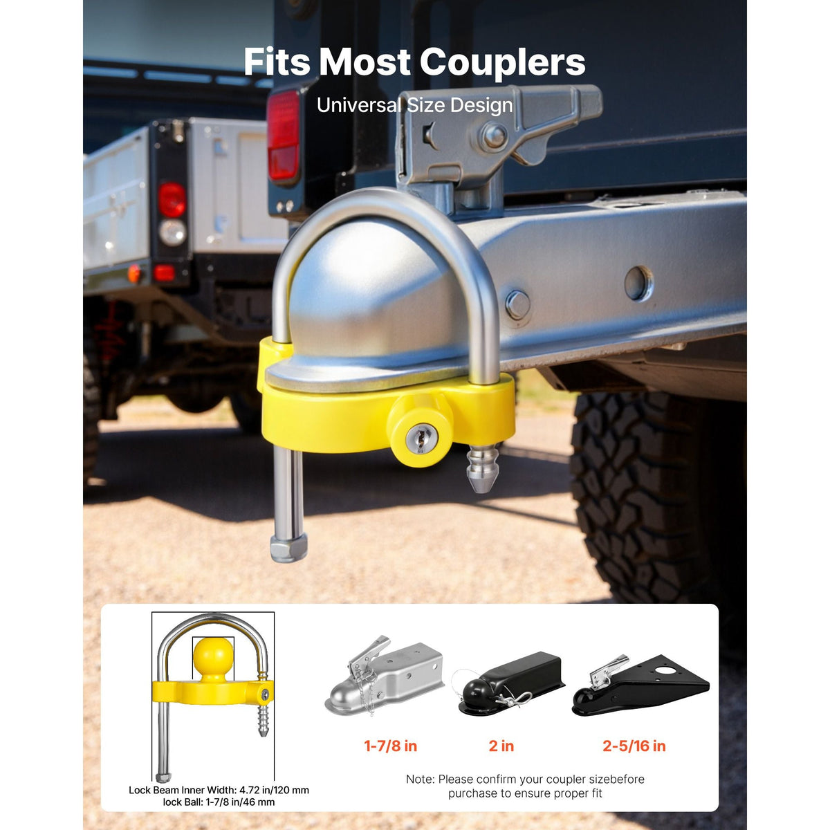 Trailer Hitch Lock Kit, Fits for 1-7/8 in, 2 in, 2-5/16 in Couplers, Heavy-Duty Anti-Theft Trailer Ball Lock with Keys, Prying-Resistant, Adjustable Height Design for RVs, Boats, Trailers