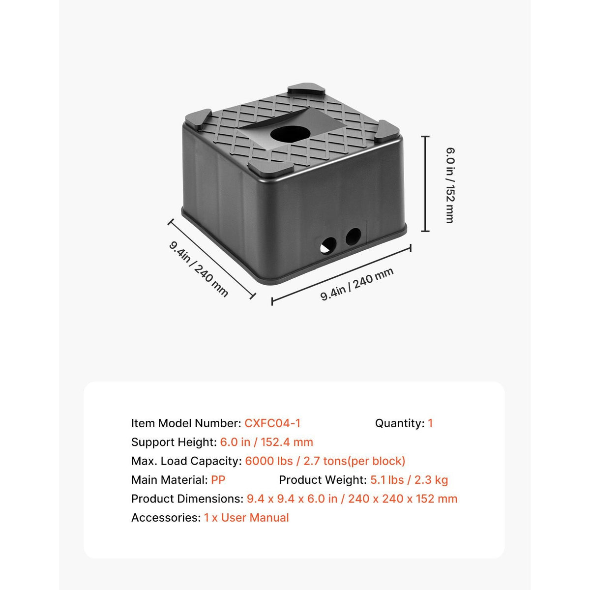 Trailer Jack Block, 6" High Heavy Duty RV Leveling Block with 6000 lbs Capacity, RV Jack Stand, Motorcycle Stand, Stool, Camper Accessories for Travel Trailers, 5th Wheels Class A/C Motorhomes