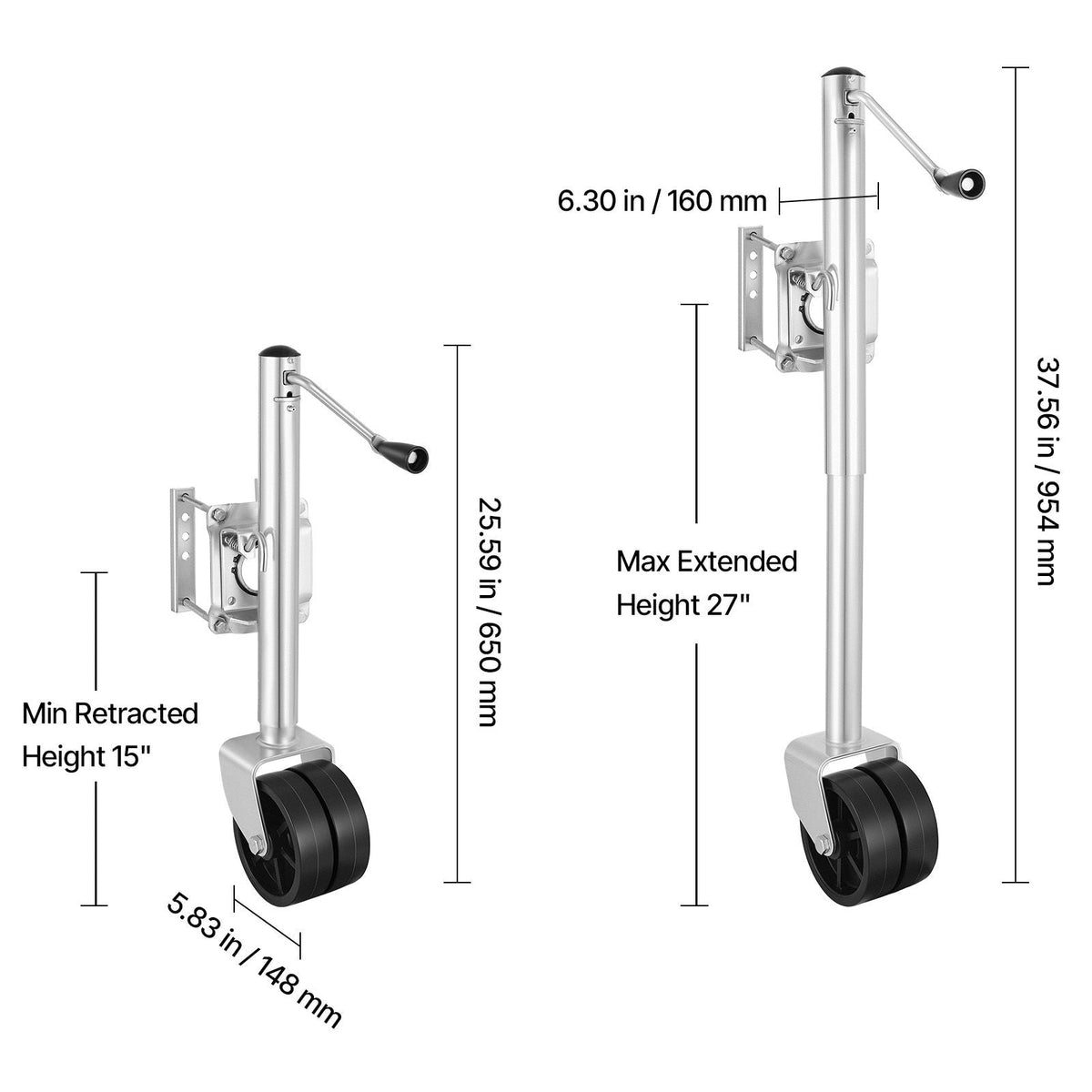 Trailer Jack with Wheel, 2000 lbs Load Capacity, Heavy Duty Swivel Boat Trailer Jack with PP Dual Wheel & Ergonomic Handle, 15-27 Inch Lift Range, Fit for RVs, Boats and Utility Trailers