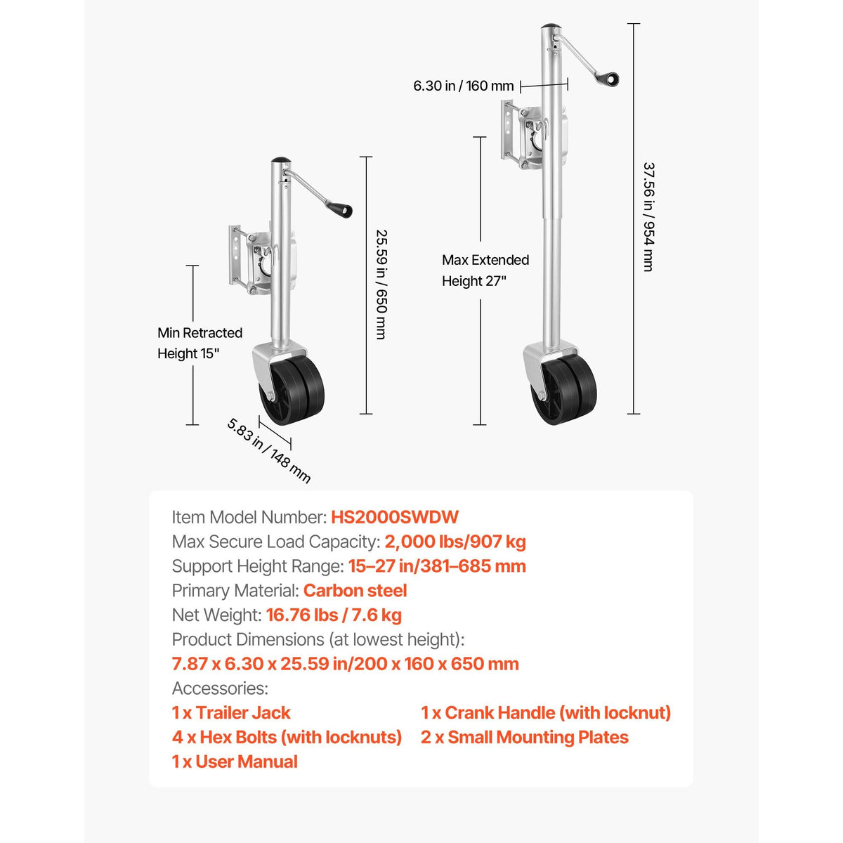 Trailer Jack with Wheel, 2000 lbs Load Capacity, Heavy Duty Swivel Boat Trailer Jack with PP Dual Wheel & Ergonomic Handle, 15-27 Inch Lift Range, Fit for RVs, Boats and Utility Trailers