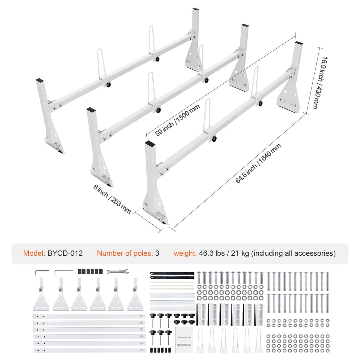 Trailer Ladder Rack, 59" Adjustable Roof Rack, 3 Crossbars Van Roof Ladder Rack with Straps, 800 lbs Capacity Steel, Fit for Chevrolet Express 1500 2500 3500/ Ford E150 E250 E350/ GMC Savana