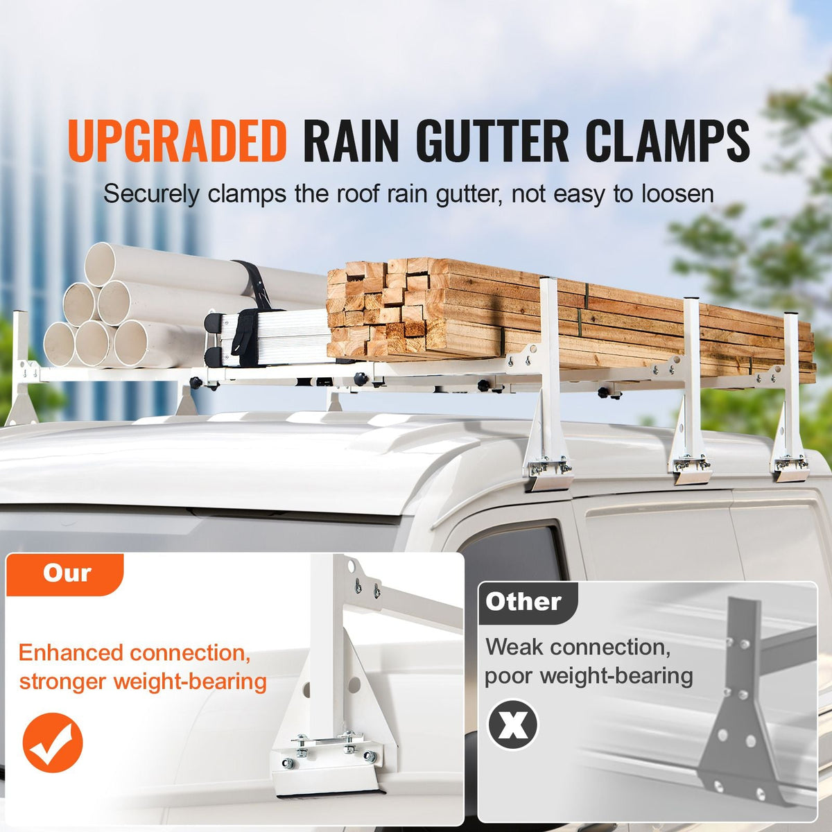 Trailer Ladder Rack, 59" Adjustable Roof Rack, 3 Crossbars Van Roof Ladder Rack with Straps, 800 lbs Capacity Steel, Fit for Chevrolet Express 1500 2500 3500/ Ford E150 E250 E350/ GMC Savana