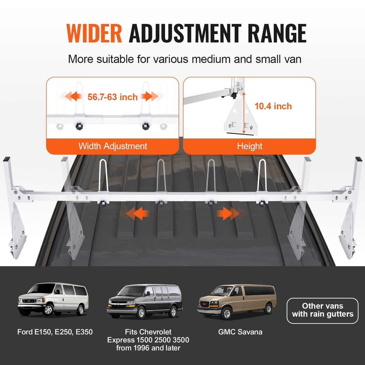 Trailer Ladder Rack, 59" Adjustable Roof Rack, 3 Crossbars Van Roof Ladder Rack with Straps, 800 lbs Capacity Steel, Fit for Chevrolet Express 1500 2500 3500/ Ford E150 E250 E350/ GMC Savana
